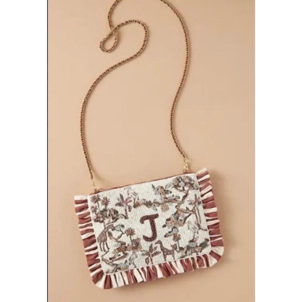 Anthropologie Hand Beaded Monogram J Bag Fringe Western Boho Shoulder Purse NWT